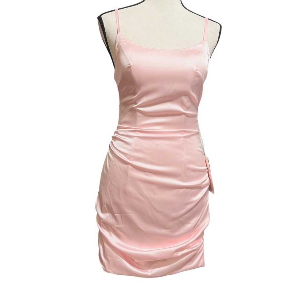 Stacees Satin Mini Dress Sz 0 Pink Ruched Bodycon Wedding Party Clubwear Baddie